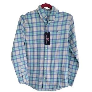 Vineyard Vines Boys Classic Fit Plaid Island Twill Shirt in Ice Water  L - NWT